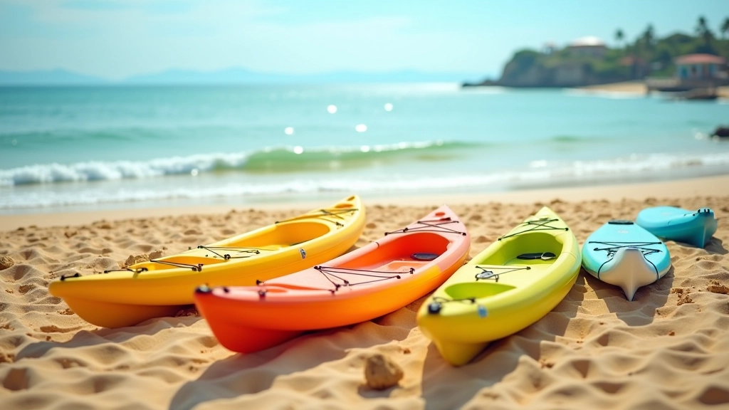 Actividades acuáticas en la playa con kayak y tabla de surf, personas disfrutando del agua